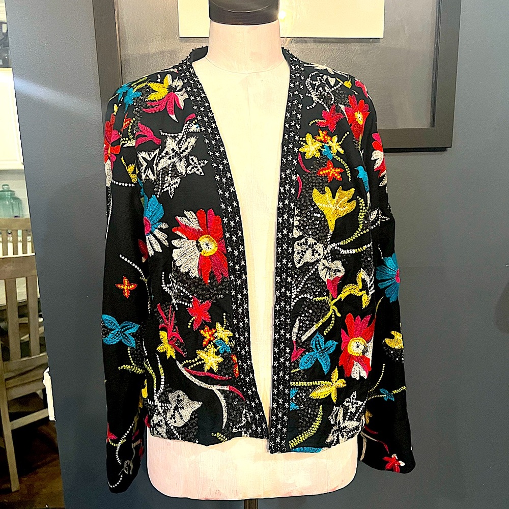 Beautiful Chico’s floral embroidered and beaded light weight jacket size Large